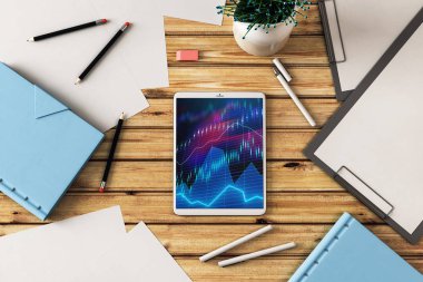 Dijital tablet ekranda mali grafik ile üst görünüm çekim. Online işlem uygulama konsepti. 3B işleme.
