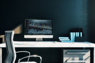 Bilgisayar ekranında finansal grafikler ve grafikler ile kabine masaüstü iç. Hisse senedi piyasası analizi ve ticaret kavramı. 3B işleme.