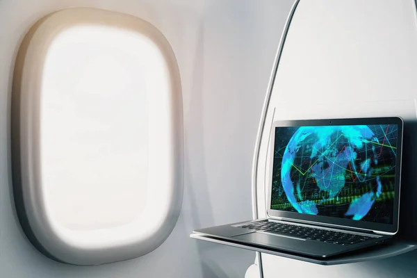 画面上の外国為替グラフと世界地図を持つ飛行機の中でラップトップクローズアップ。金融市場取引の概念。3D レンダリング. — ストック写真