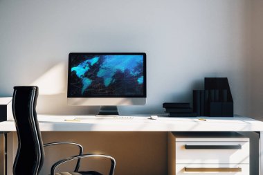 Bilgisayar ekranında dünya haritası ile Kabine masaüstü iç. Uluslararası piyasa ve ticaret kavramı. 3d render.