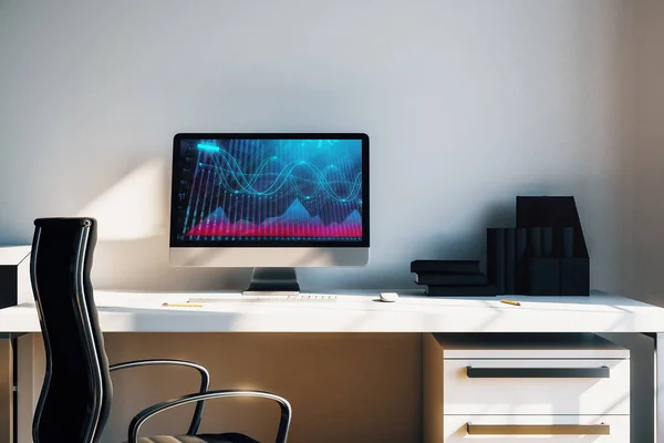 Interior de escritorio del gabinete con gráficos y gráficos financieros en la pantalla del ordenador. Concepto de análisis y negociación bursátil. renderizado 3d . —  Fotos de Stock