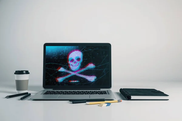 Ноутбук крупним планом з кіберпіратським малюнком на екрані комп'ютера. Концепція безпеки даних. 3D візуалізація . — стокове фото