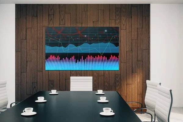 Wnętrze sali konferencyjnej z wykresu finansowego na monitorze ekranowym na ścianie. Koncepcja analizy rynku giełdowego. Renderowanie 3D. — Zdjęcie stockowe