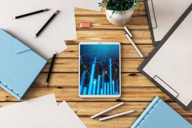 Dijital tablet ekranda mali grafik ile üst görünüm çekim. Online işlem uygulama konsepti. 3B işleme.
