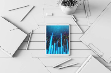 Dijital tablet ekranda mali grafik ile üst görünüm çekim. Online işlem uygulama konsepti. 3B işleme.