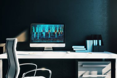 Bilgisayar ekranında finansal grafikler ve grafikler ile kabine masaüstü iç. Hisse senedi piyasası analizi ve ticaret kavramı. 3B işleme.