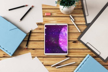 Ekrana beyin çizimi ile dijital tablet yakın çekim. Veri teknolojisi kavramı. 3d render.