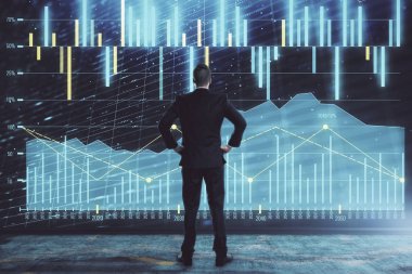 İşadamı ve forex grafik hologramı. Çifte pozlama. Finansal eğitim ve analiz kavramı