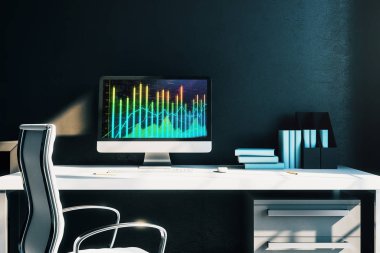 Bilgisayar ekranında finansal grafikler ve grafikler ile kabine masaüstü iç. Hisse senedi piyasası analizi ve ticaret kavramı. 3B işleme.