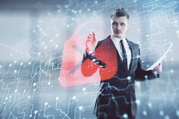 Businessman and lock icon hologram. Double exposure. Concept of data security