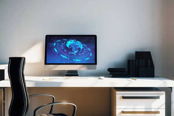 Wnętrze szafy biurowej z mapą świata na ekranie komputera. Koncepcja rynku międzynarodowego i handlu. Renderowanie 3D. — Zdjęcie stockowe