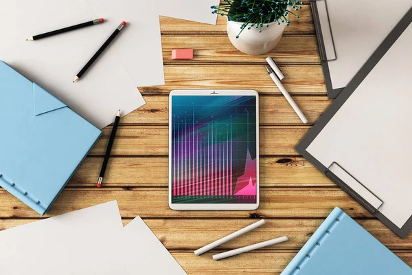 Dijital tablet ekranda mali grafik ile üst görünüm çekim. Online işlem uygulama konsepti. 3B işleme.