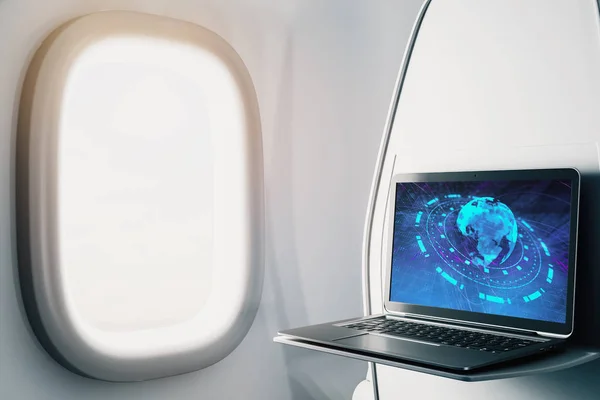 画面上の世界地図と飛行機内のノートパソコンの閉鎖。国際市場取引の概念。3Dレンダリング. — ストック写真