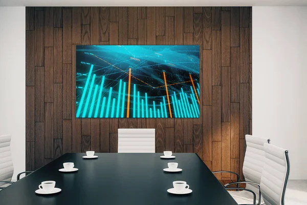Innenraum des Konferenzraums mit Finanzkarte auf dem Monitor an der Wand. Börsenanalysekonzept. 3D-Darstellung. — Stockfoto