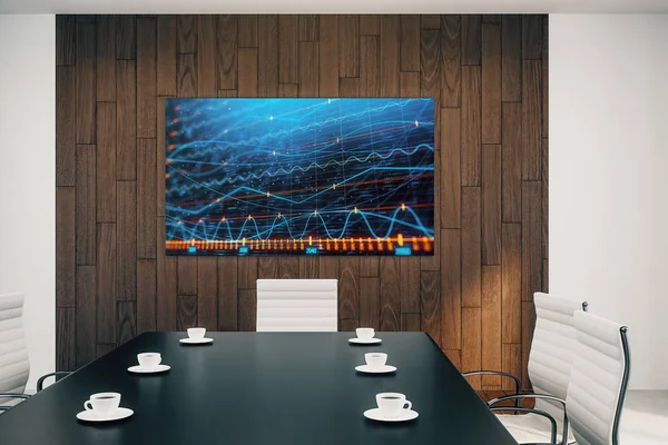 Konferensrum inredning med finansiella diagram på skärm Monitor på väggen. Aktiemarknaden analys koncept. 3D-rendering. — Stockfoto