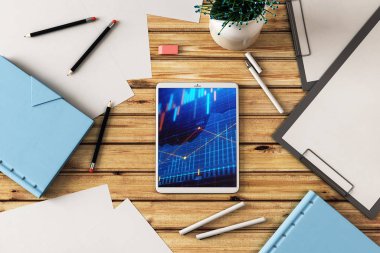 Dijital tablet ekranda mali grafik ile üst görünüm çekim. Online işlem uygulama konsepti. 3B işleme.