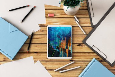 Dijital tablet çekim üst görünümü ile mali grafik ve kısmi Dünya Haritası ekranda. Online uluslararası ticaret uygulama kavramı. 3B işleme.