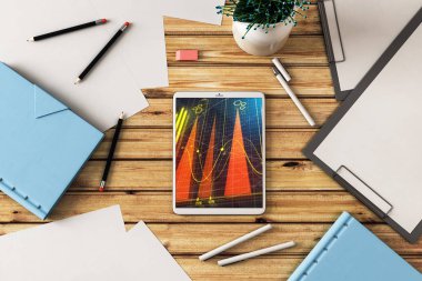 Dijital tablet ekranda mali grafik ile üst görünüm çekim. Online işlem uygulama konsepti. 3B işleme.