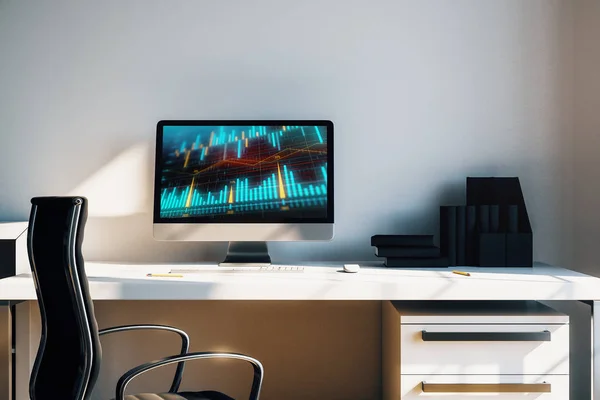 Schrank Desktop-Interieur mit Finanzdiagrammen und Grafiken auf dem Computerbildschirm. Konzept der Börsenanalyse und des Handels. 3D-Darstellung. — Stockfoto