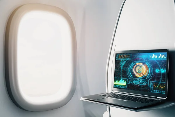 Ноутбук крупным планом внутри самолета с технологической картинкой на экране. Технологическая концепция. 3d-рендеринг . — стоковое фото