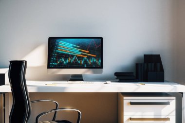Bilgisayar ekranında finansal grafikler ve grafikler ile kabine masaüstü iç. Hisse senedi piyasası analizi ve ticaret kavramı. 3B işleme.