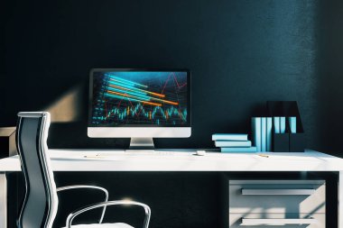 Bilgisayar ekranında finansal grafikler ve grafikler ile kabine masaüstü iç. Hisse senedi piyasası analizi ve ticaret kavramı. 3B işleme.