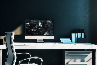 Bilgisayar ekranında teknoloji teması çizim ile Kabine masaüstü iç. Hightech kavramı. 3d render.