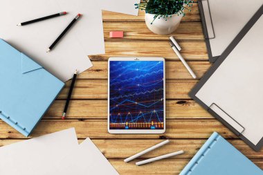 Dijital tablet ekranda mali grafik ile üst görünüm çekim. Online işlem uygulama konsepti. 3B işleme.
