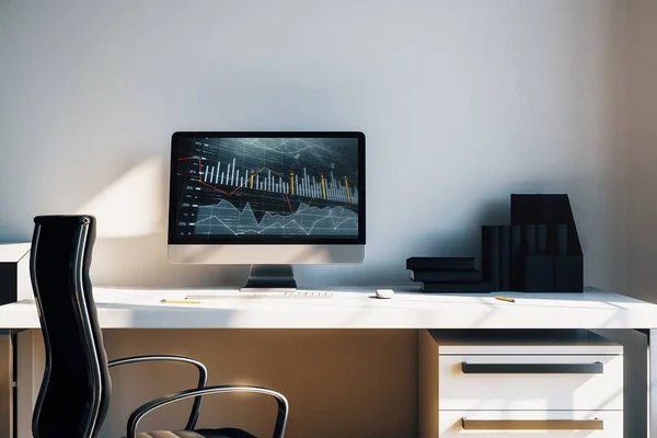 Interior de mesa do armário com gráficos financeiros e gráficos na tela do computador. Conceito de análise e negociação do mercado de ações. Renderização 3d . — Fotografia de Stock