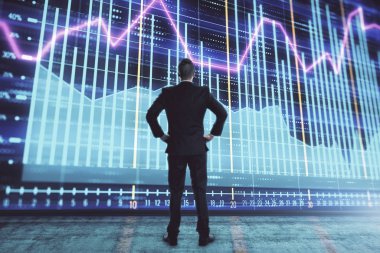 İşadamı ve forex grafik hologramı. Çifte pozlama. Finansal eğitim ve analiz kavramı