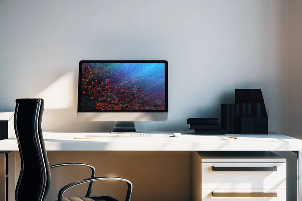 Интерьер рабочего стола кабинета с технологической тематикой рисования на экране компьютера. Концепция хай-тек. 3d-рендеринг . — стоковое фото