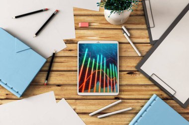 Dijital tablet ekranda mali grafik ile üst görünüm çekim. Online işlem uygulama konsepti. 3B işleme.