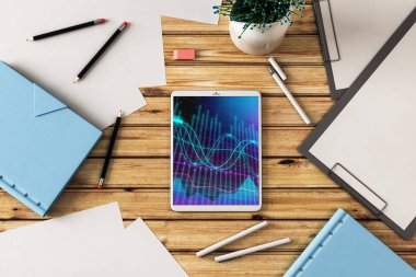 Dijital tablet ekranda mali grafik ile üst görünüm çekim. Online işlem uygulama konsepti. 3B işleme.