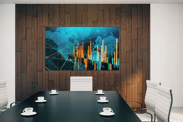 Wnętrze sali konferencyjnej z wykresu finansowego i mapy świata na monitorze ekranowym na ścianie. Koncepcja analizy rynku giełdowego. Renderowanie 3D. — Zdjęcie stockowe