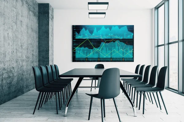 Interior da sala de conferências com gráfico financeiro no monitor de tela na parede. Conceito de análise do mercado de ações. Renderização 3d . Imagem De Stock