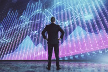 İşadamı ve forex grafik hologramı. Çifte pozlama. Finansal eğitim ve analiz kavramı