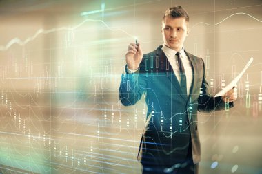 İşadamı ve forex grafik hologramı. Çifte pozlama. Finansal eğitim ve analiz kavramı