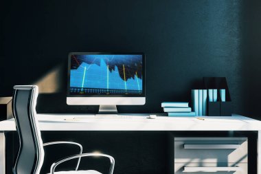 Bilgisayar ekranında finansal grafikler ve grafikler ile kabine masaüstü iç. Hisse senedi piyasası analizi ve ticaret kavramı. 3B işleme.