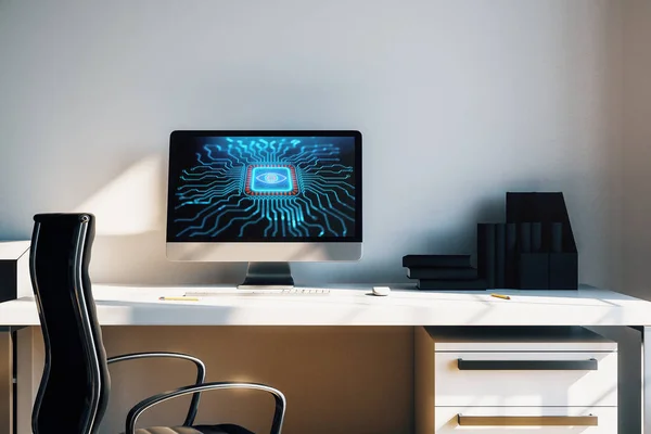Cabinet intérieur de bureau avec thème de la technologie dessin sur écran d'ordinateur. Concept de haute technologie. Rendu 3d . — Photo