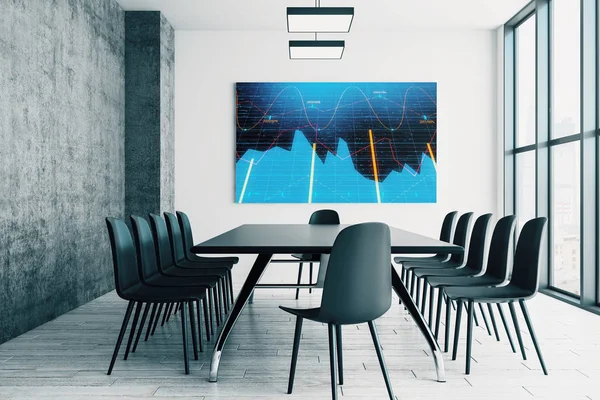 会议室内部,墙上的屏幕监视器上带有财务图表。股票市场分析概念。3d 渲染. — 图库照片