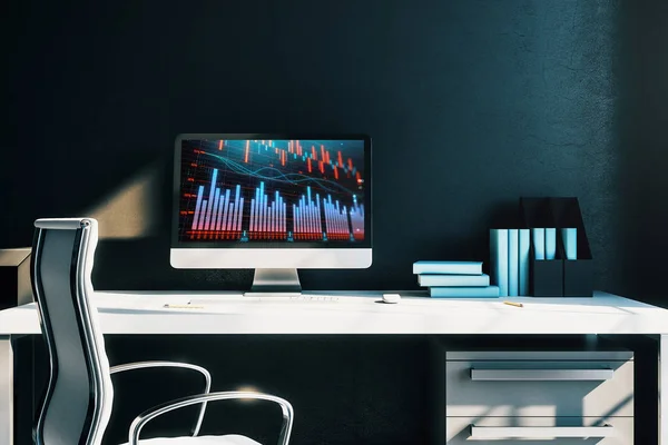 Interior de mesa do armário com gráficos financeiros e gráficos na tela do computador. Conceito de análise e negociação do mercado de ações. Renderização 3d . Imagem De Stock