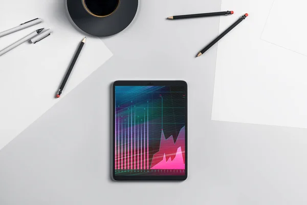 Digitale Tablet-Nahaufnahme von oben mit Finanzgrafik auf dem Bildschirm. Online-Handel Anwendungskonzept. 3D-Darstellung. — Stockfoto