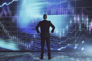 İşadamı ve forex grafik hologramı. Çifte pozlama. Finansal eğitim ve analiz kavramı