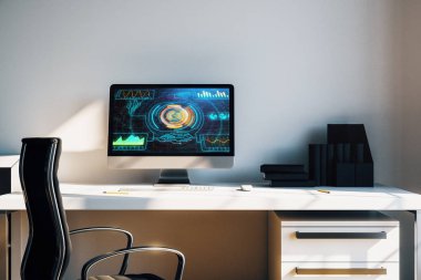 Bilgisayar ekranında teknoloji teması çizim ile Kabine masaüstü iç. Hightech kavramı. 3d render.