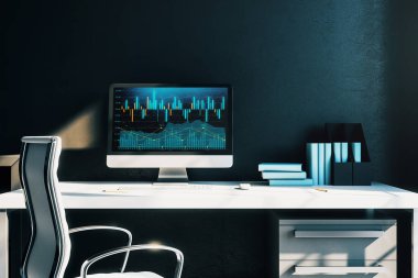 Bilgisayar ekranında finansal grafikler ve grafikler ile kabine masaüstü iç. Hisse senedi piyasası analizi ve ticaret kavramı. 3B işleme.