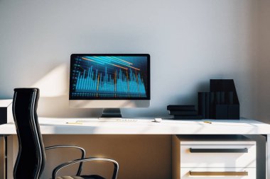 Bilgisayar ekranında finansal grafikler ve grafikler ile kabine masaüstü iç. Hisse senedi piyasası analizi ve ticaret kavramı. 3B işleme.