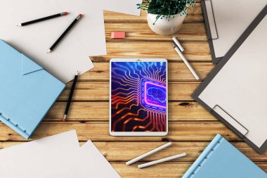 Ekrana beyin çizimi ile dijital tablet yakın çekim. Veri teknolojisi kavramı. 3d render.