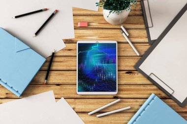 Dijital tablet ekranda mali grafik ile üst görünüm çekim. Online işlem uygulama konsepti. 3B işleme.