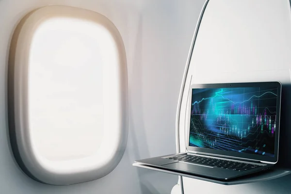 Laptop close up dentro do avião com gráfico forex na tela. Conceito de negociação de mercado financeiro. Renderização 3d . — Fotografia de Stock