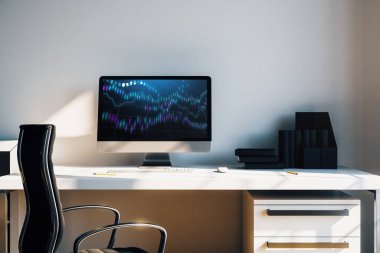 Bilgisayar ekranında finansal grafikler ve grafikler ile kabine masaüstü iç. Hisse senedi piyasası analizi ve ticaret kavramı. 3B işleme.